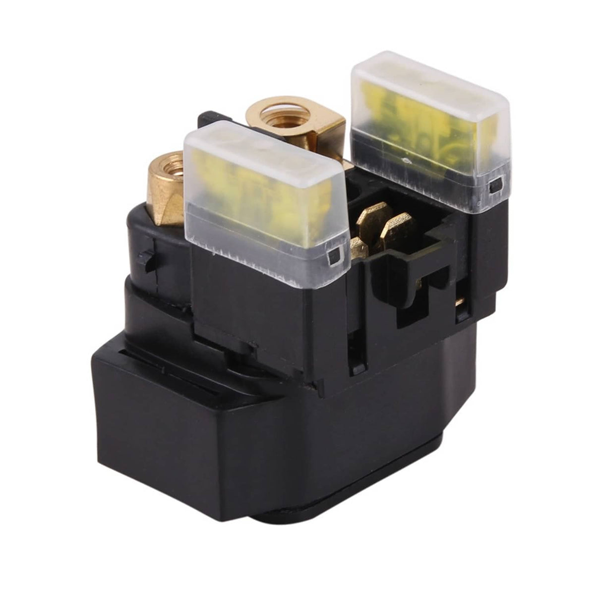 Starter relay solenoid with black casing, three visible contacts, clear yellow fuse blocks