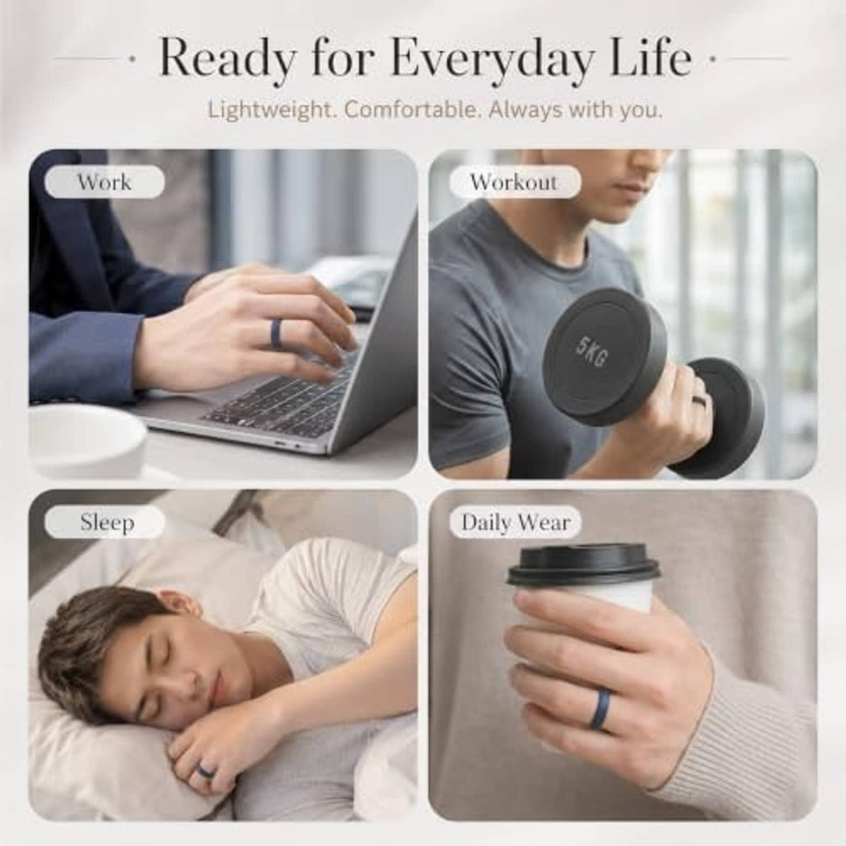 Black silicone ring cover held in hand for daily wear