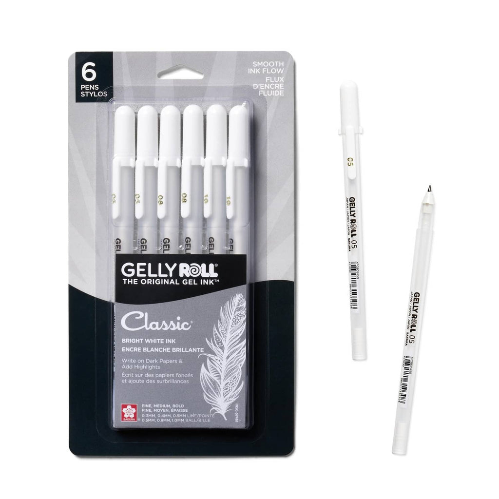Gelly Roll classic white gel pen set, 6-pack, in retail blister packaging.
