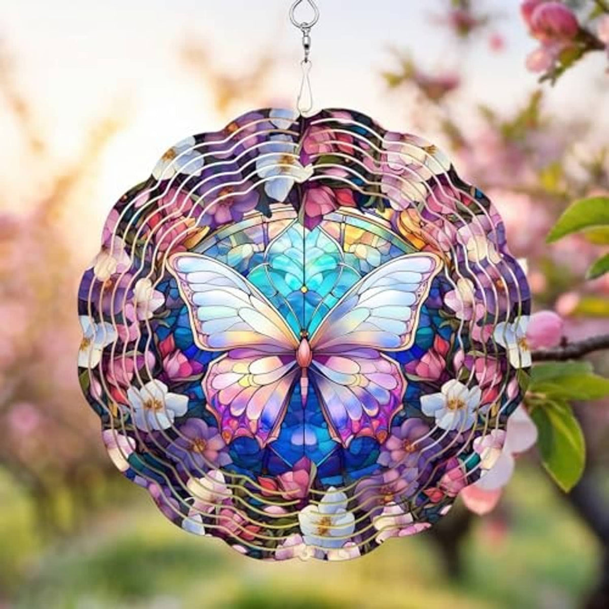 Colorful butterfly stained-glass wind spinner hanging from a silver hook