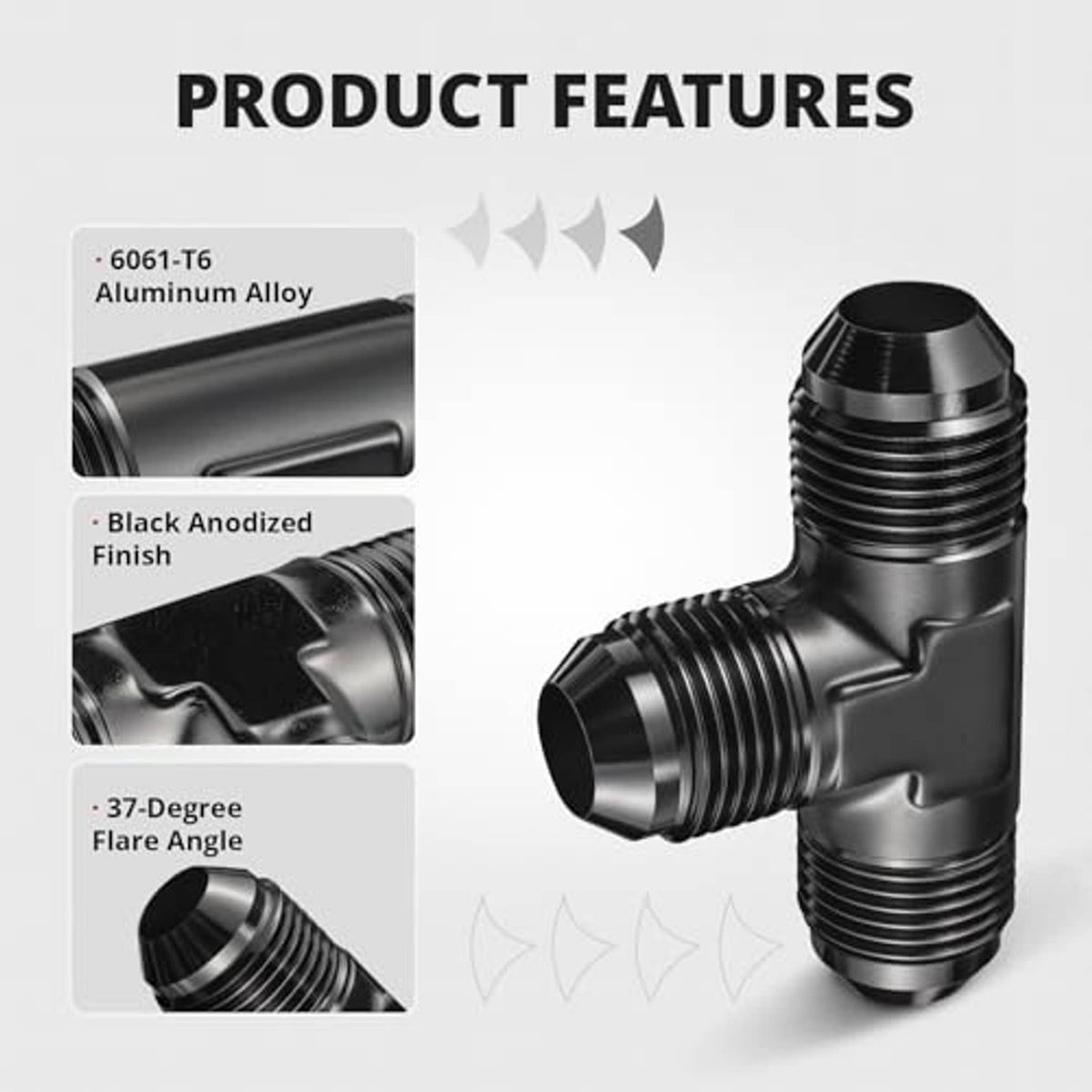 Black aluminum flare tee fitting with three threaded ports and flared cone end