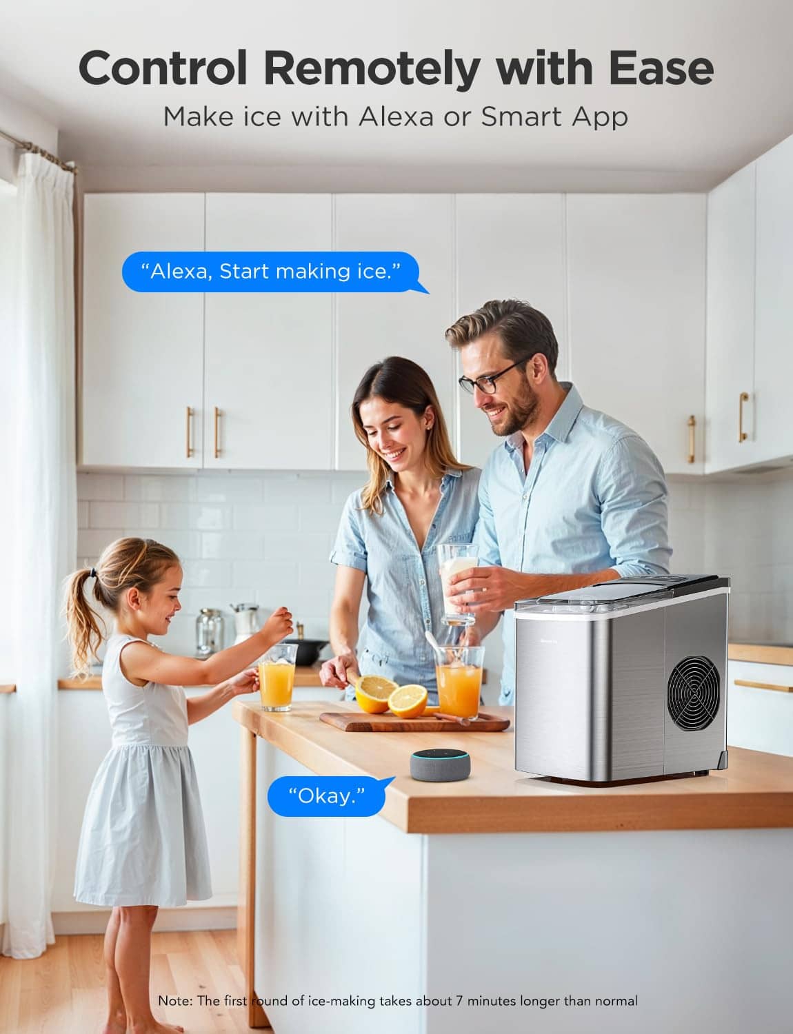 Portable ice maker on kitchen counter with nearby smartphone remote controls