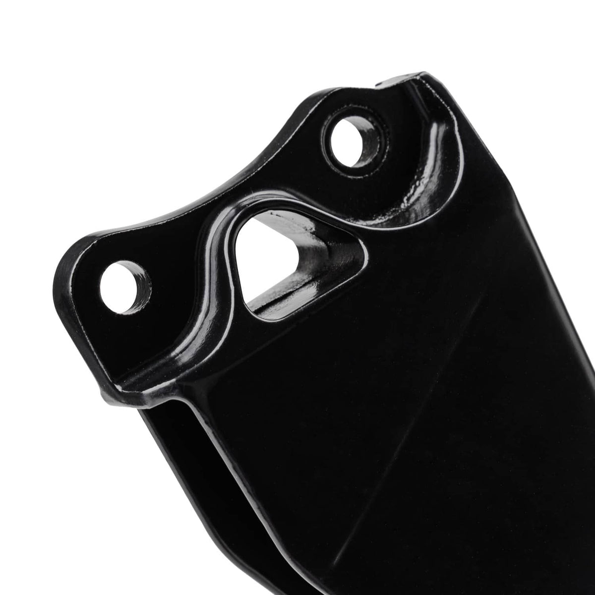 Black metal mounting bracket with circular holes and reinforced corner rib
