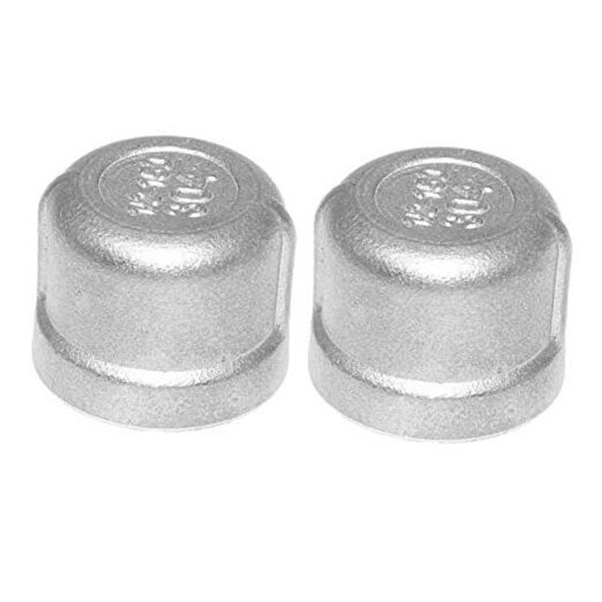 Stainless steel pipe plug caps with domed tops, pair covering female NPT threads