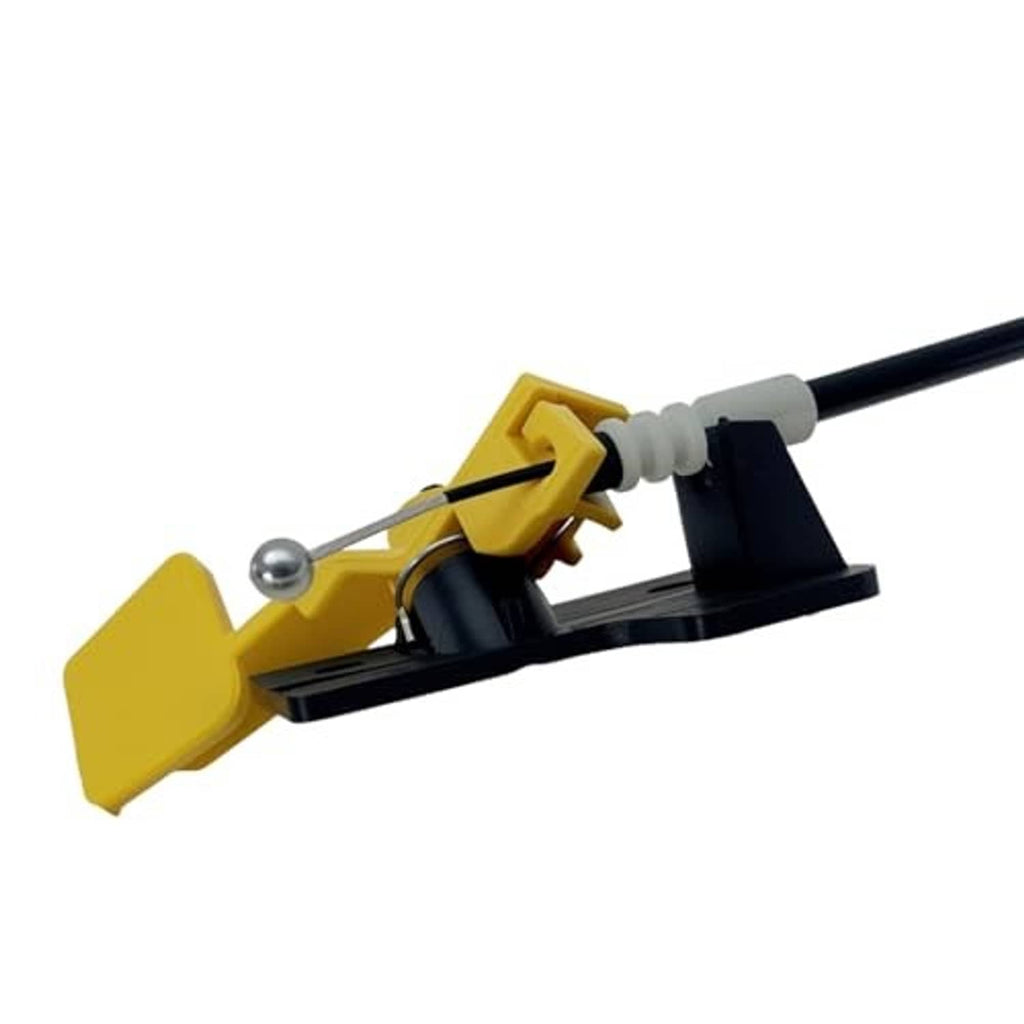 Hood latch release cable with yellow lever, white insulation, and black mounting base