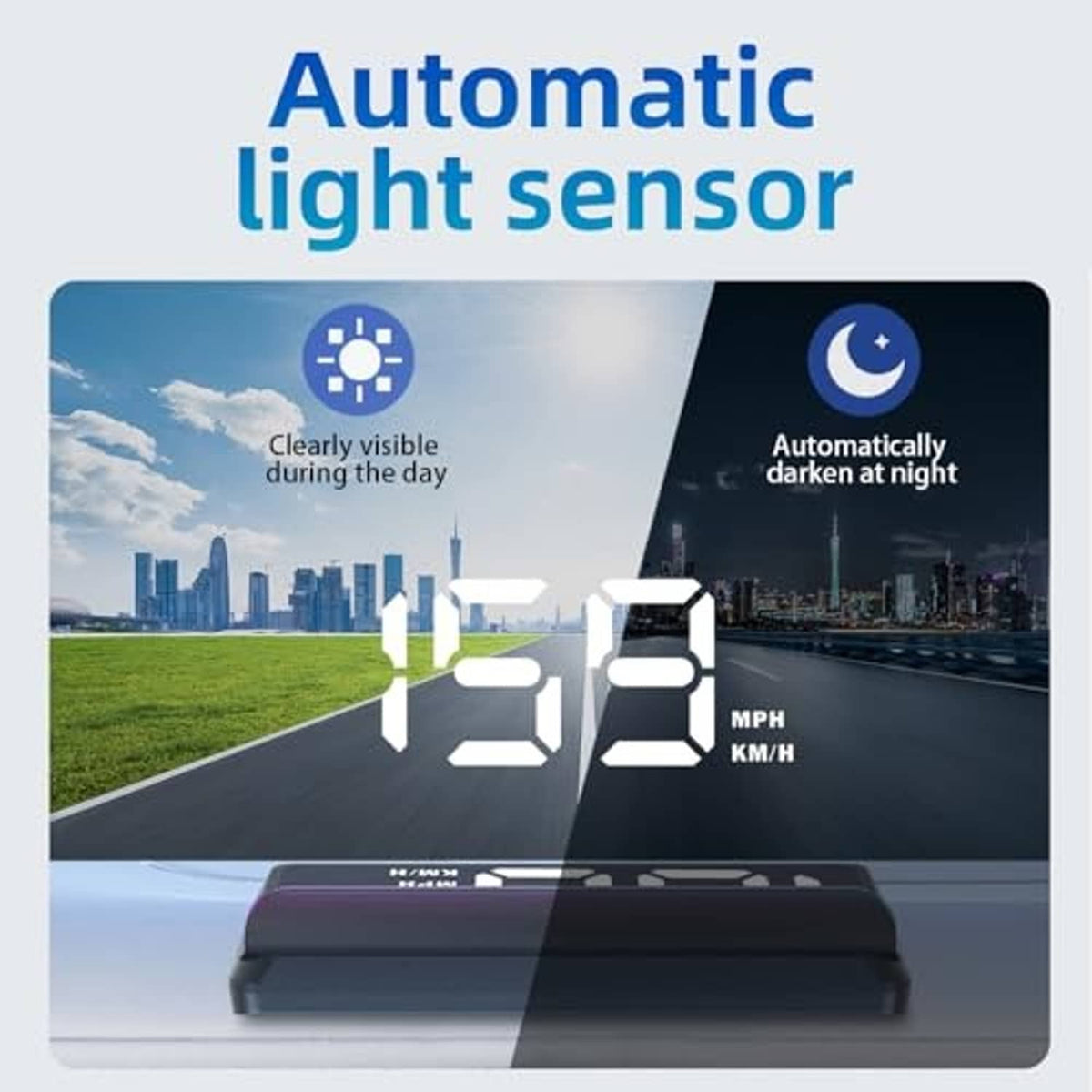 Car HUD speedometer head-up display with automatic light sensor visibility at day/night