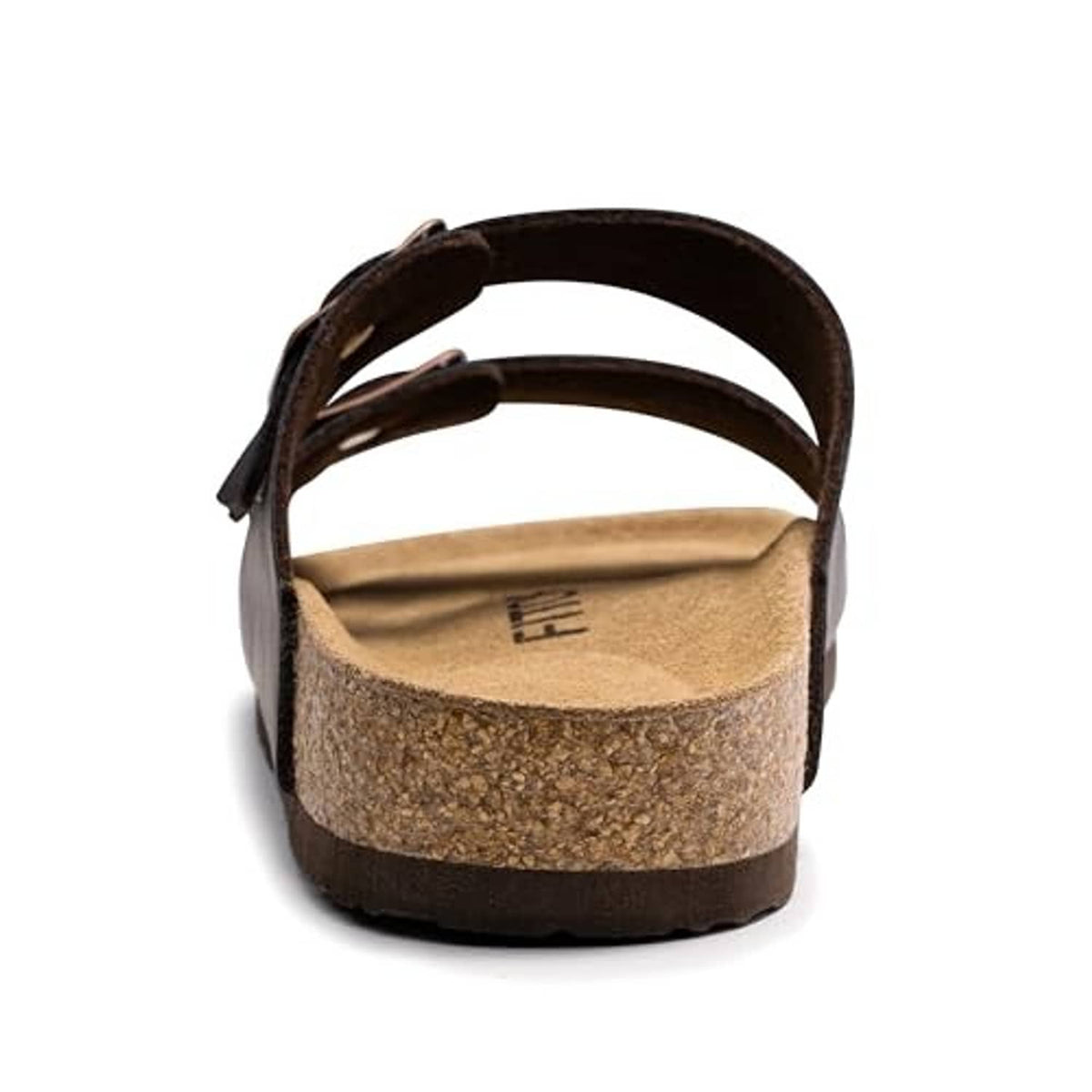 Mocha men's slide sandals with open back, cork footbed and adjustable buckle straps