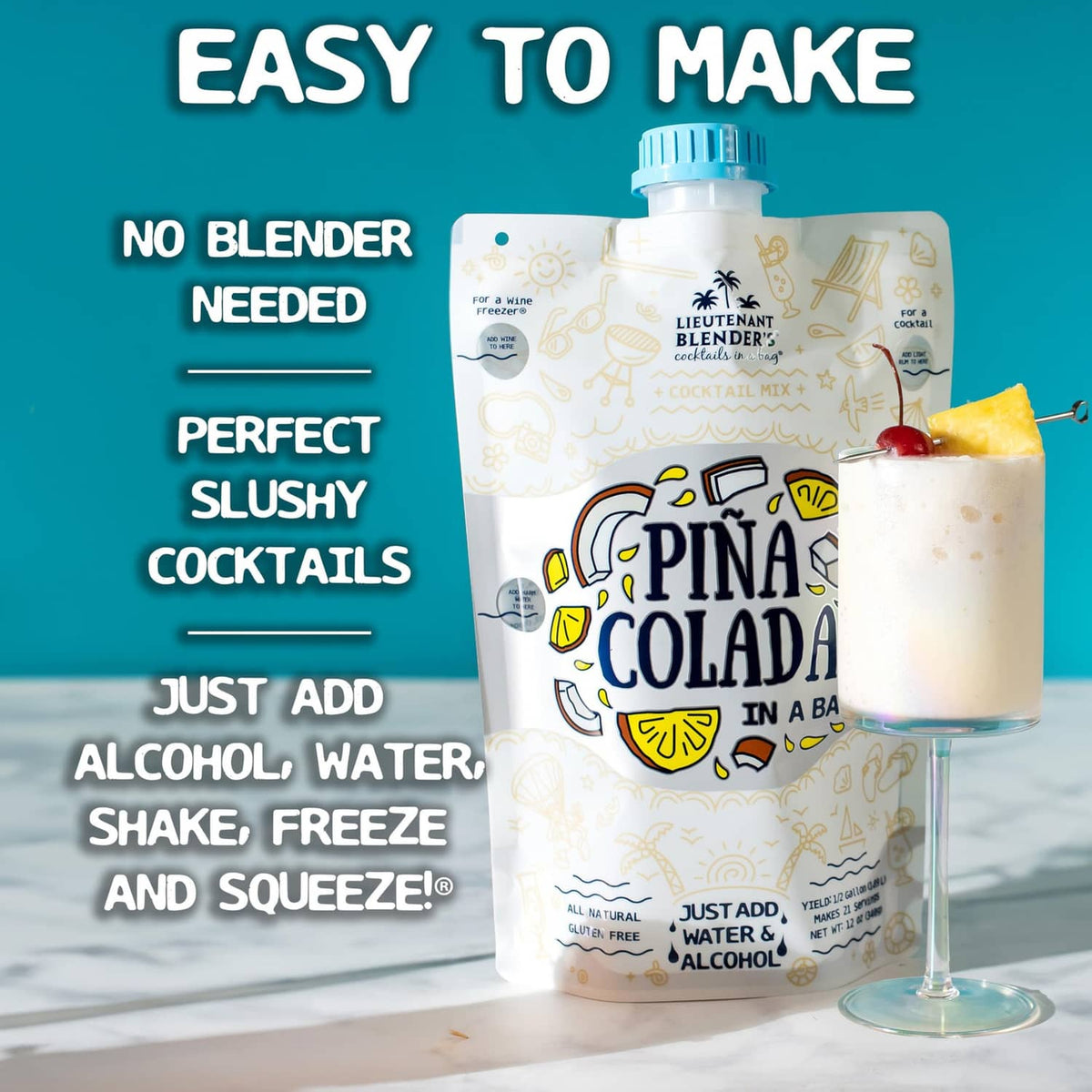 Pina colada cocktail mix pouch with slushy drink in a clear glass and garnish