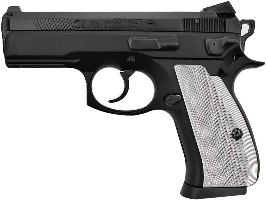 Aluminum pistol grip panel set on black handgun, silver textured panels with screw holes
