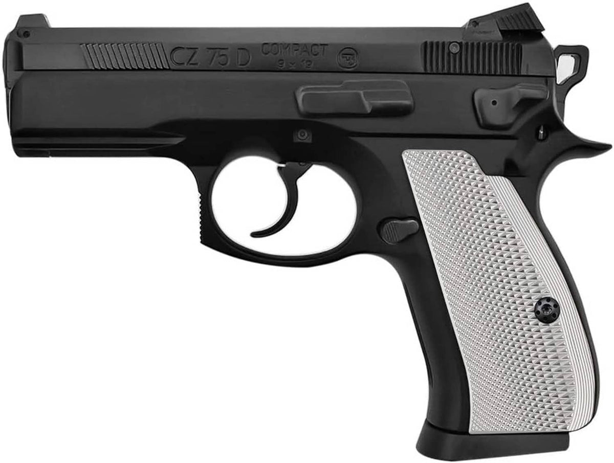 Aluminum pistol grip panel set on black handgun, silver textured panels with screw holes