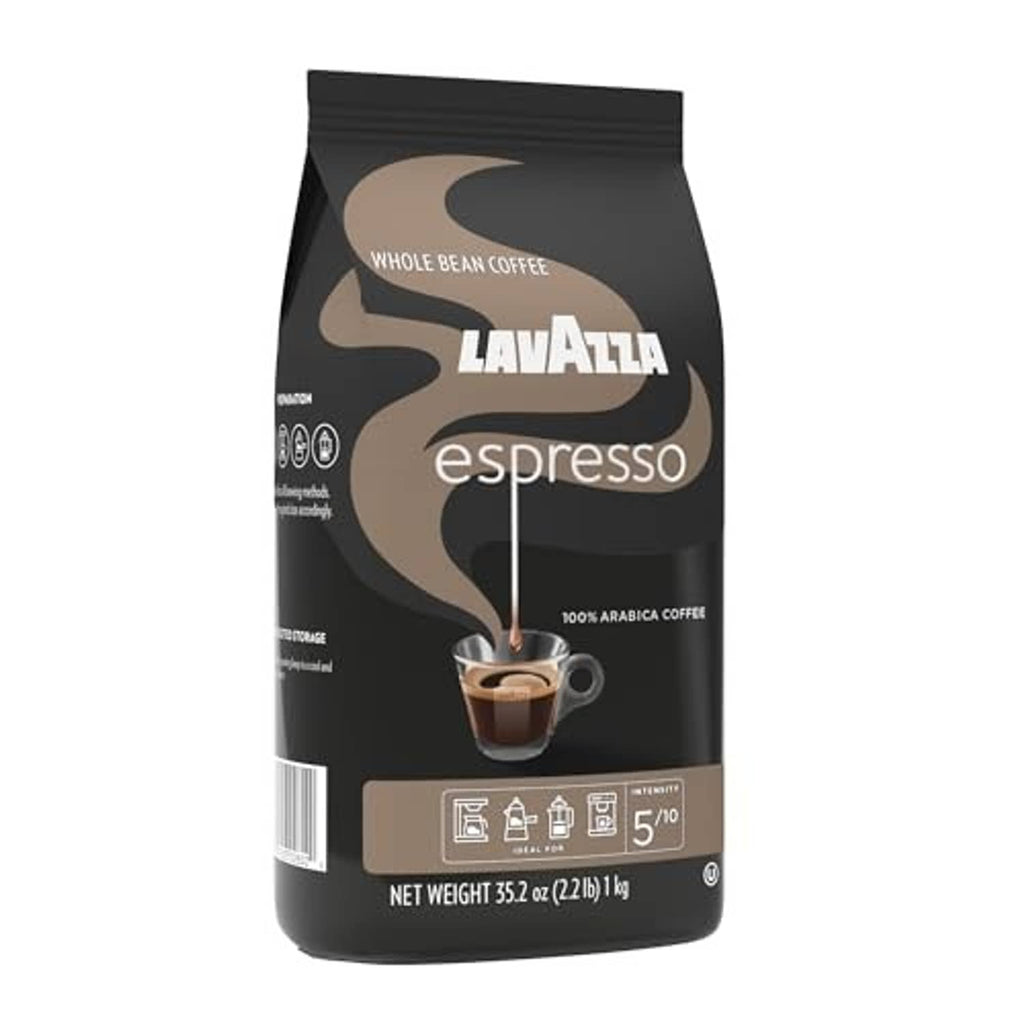 Lavazza espresso whole bean coffee bag, front view, 1 kg net weight