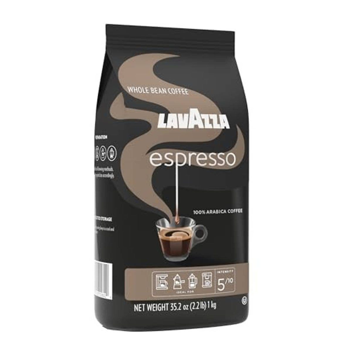 Lavazza espresso whole bean coffee bag, front view, 1 kg net weight