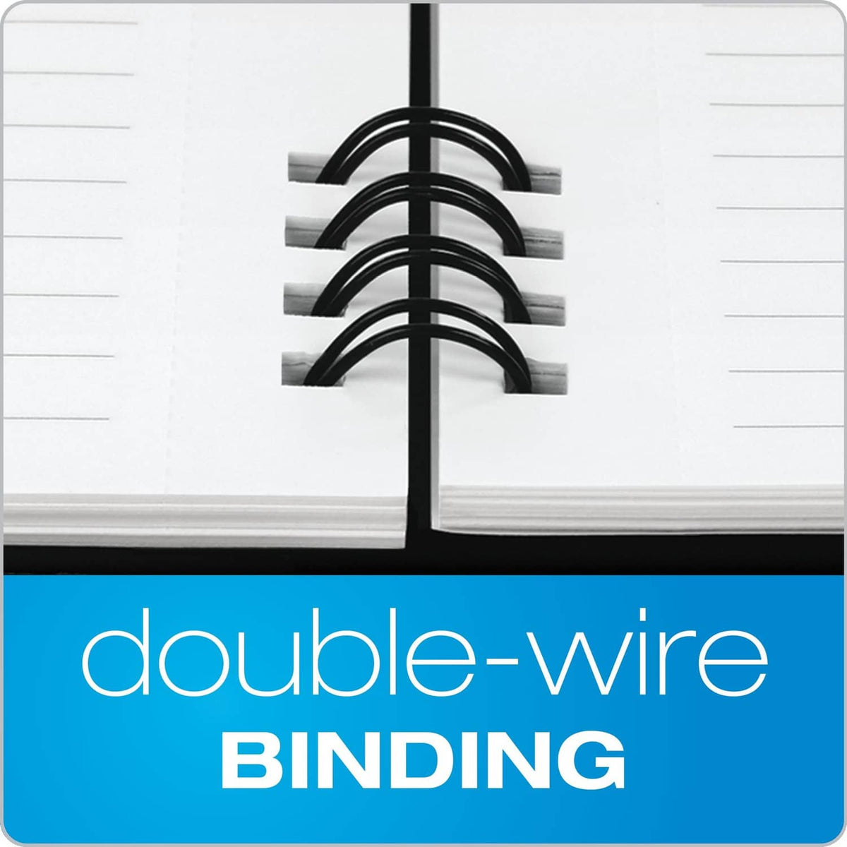 Notebook with double-wire spiral binding showing lined paper