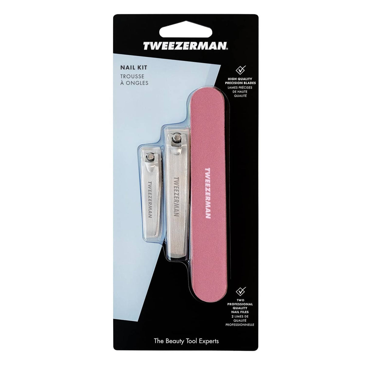 Tweezerman nail kit retail package showing two clippers and rose-pink files.