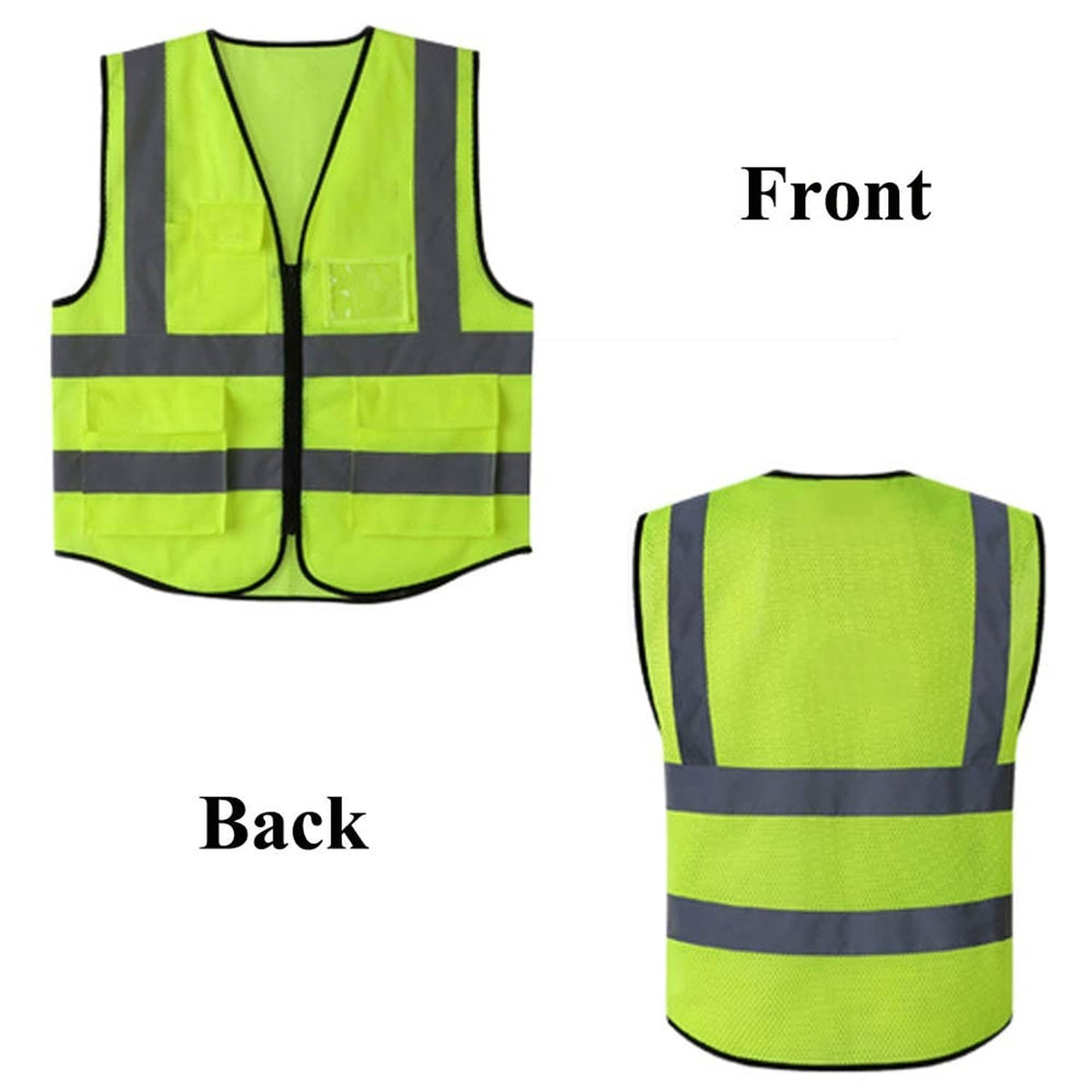 High-visibility neon mesh vest front and back view with silver reflective stripes