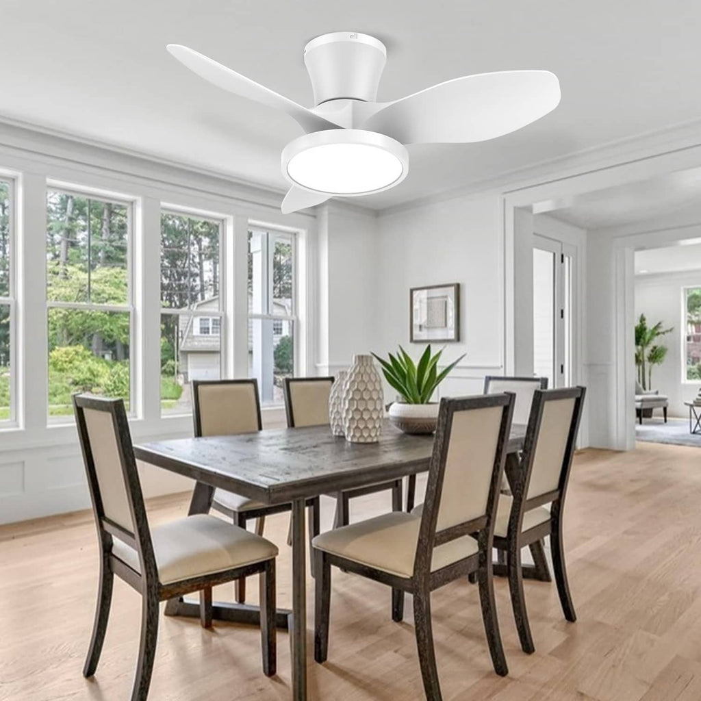 White ceiling fan with LED light above a dining area