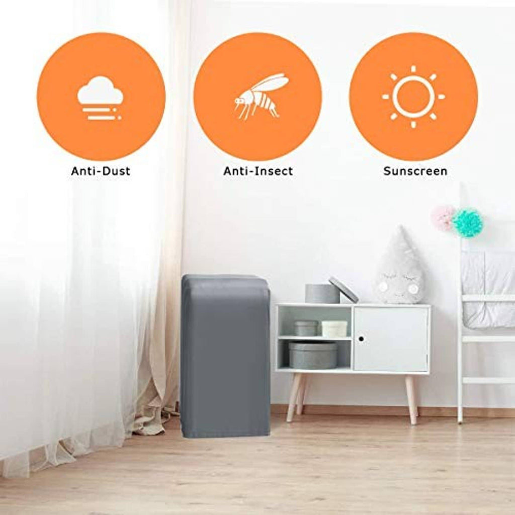 Gray portable air conditioner cover with front pocket panel, standing on the floor