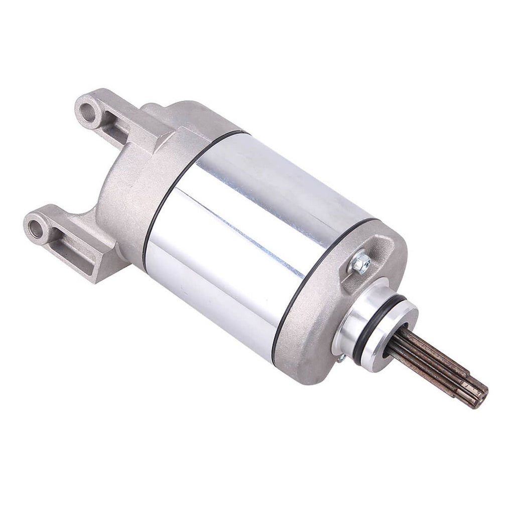 Starter motor assembly with silver cylinder housing and mounting fork, pinion shaft visible