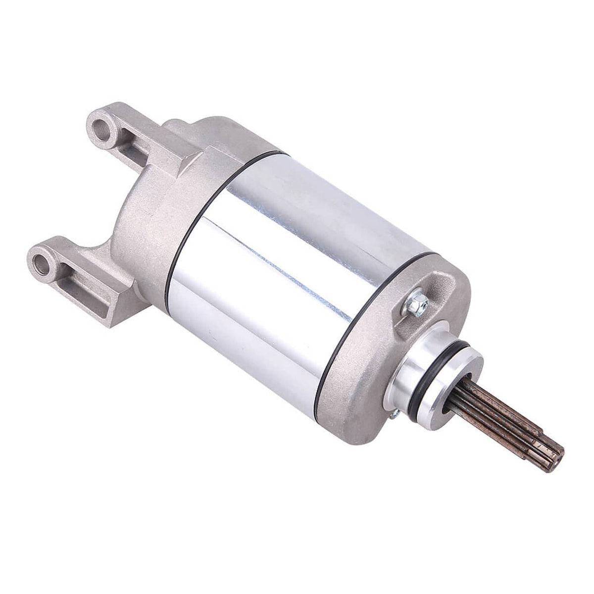 Starter motor assembly with silver cylinder housing and mounting fork, pinion shaft visible