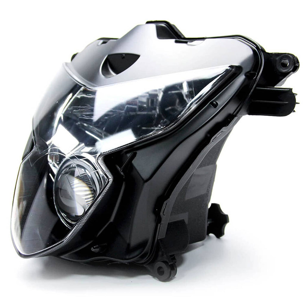 Motorcycle headlight assembly angled view, black housing with clear lens and projector