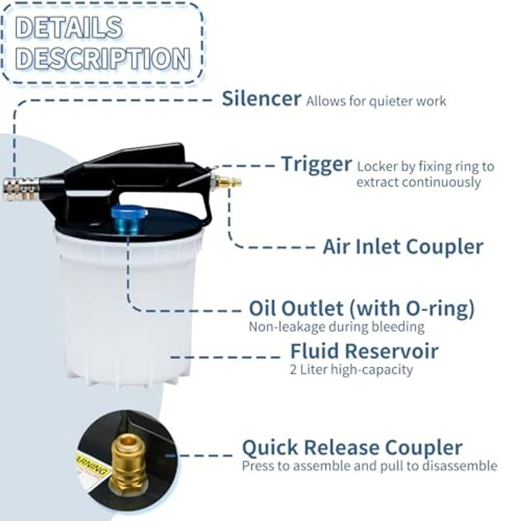 Vacuum brake bleeder kit reservoir with air inlet coupler and oil outlet O-ring detail