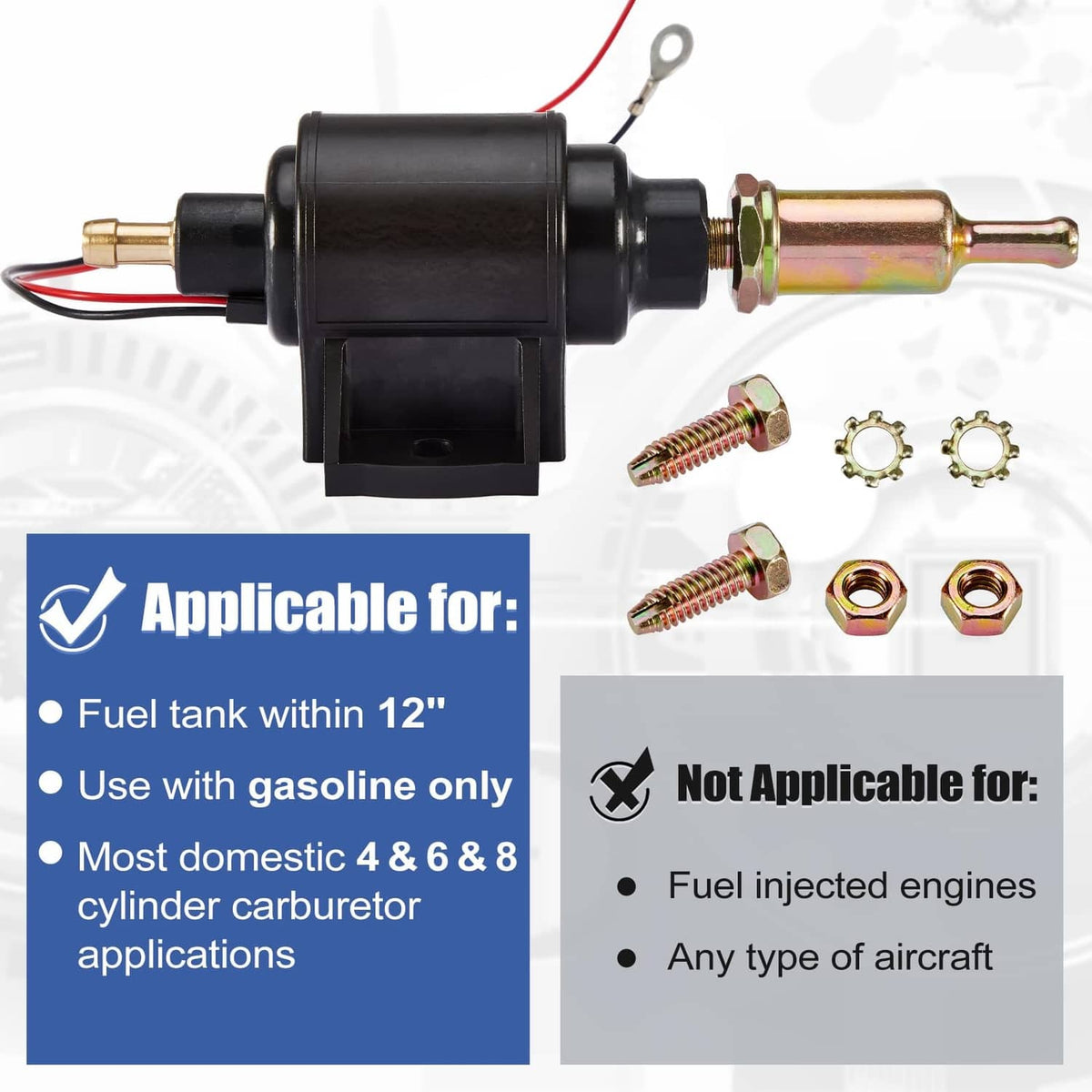 Electric fuel pump kit with black housing and bundled brass connector parts