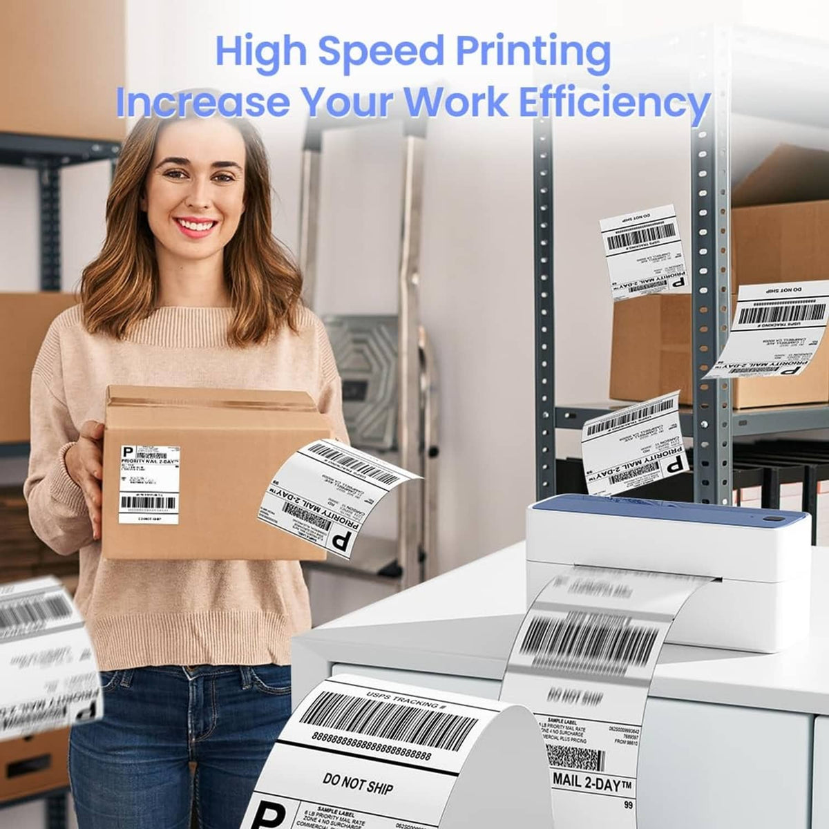 White and blue thermal label printer producing shipping labels
