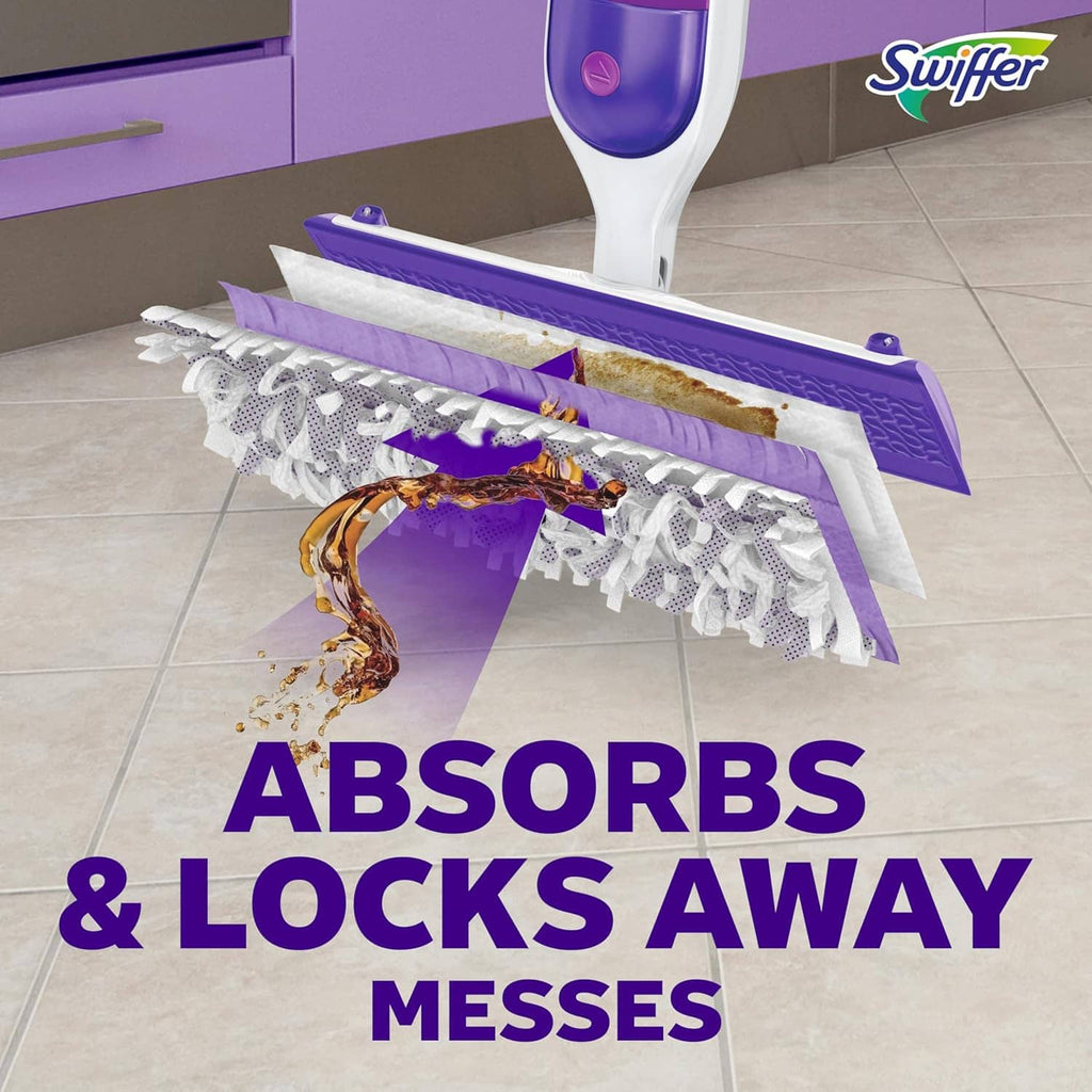Swiffer Power Mop replacement pad absorbing mess on tile floor with purple strip