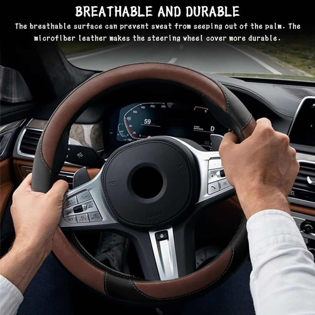 Brown steering wheel cover with dark rim panels and visible hand-fit on wheel