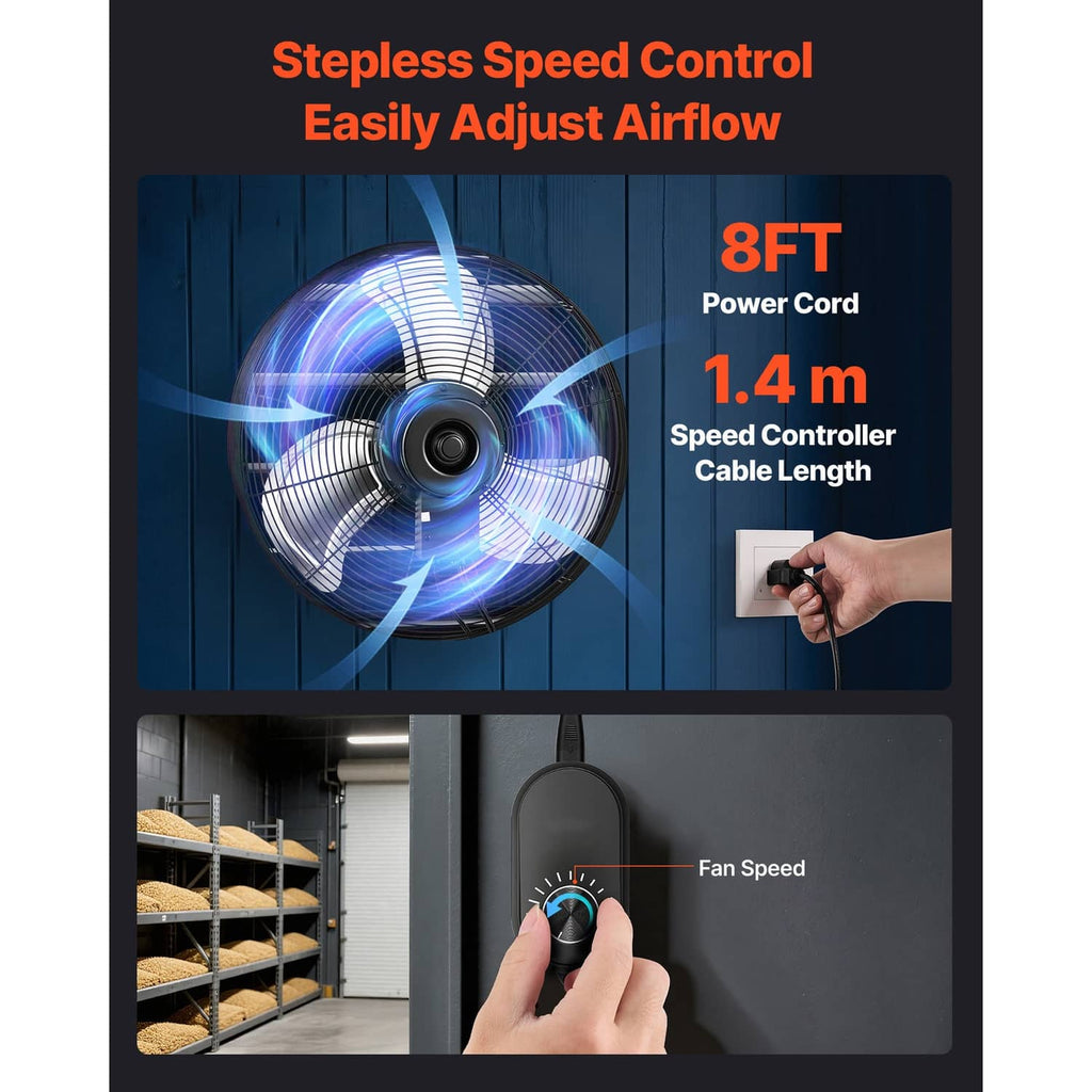 Wall-mount shutter exhaust fan with speed controller and power cord shown