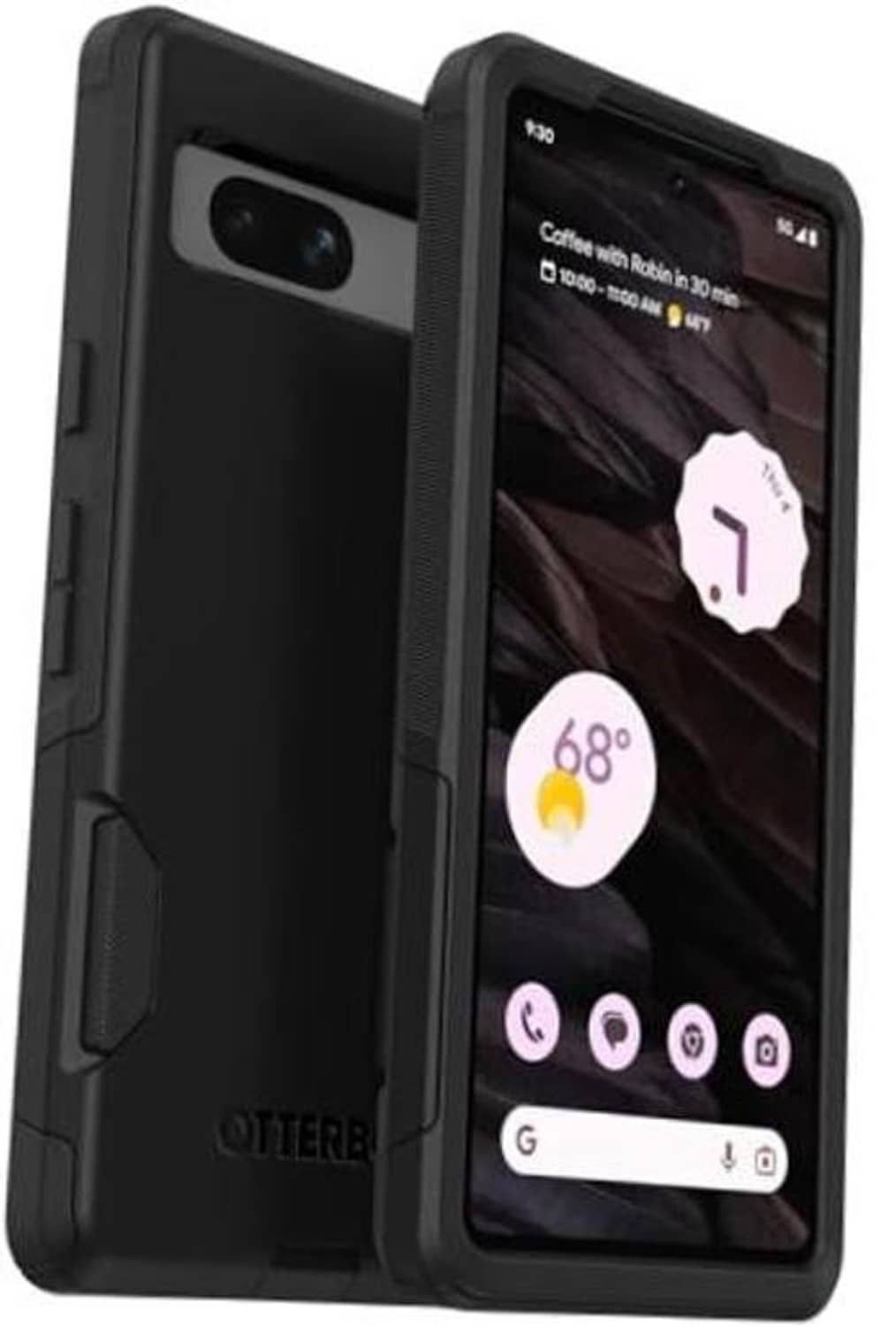 Black slim rugged commuter case holding Google Pixel 7a, raised screen and camera cutouts