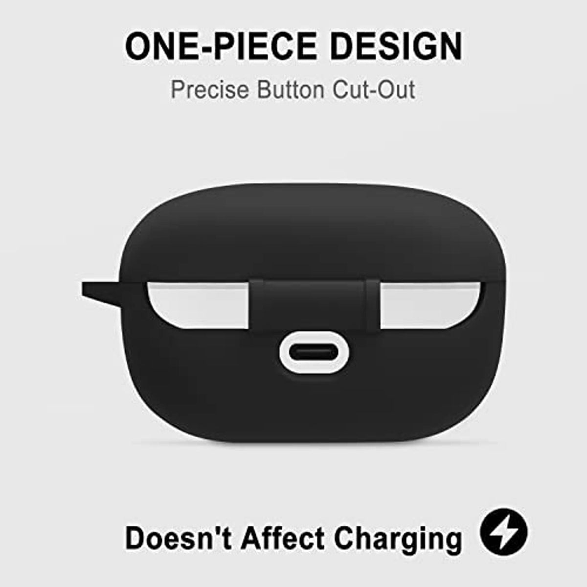 Black one-piece silicone earbud case with front cutouts and small charging opening