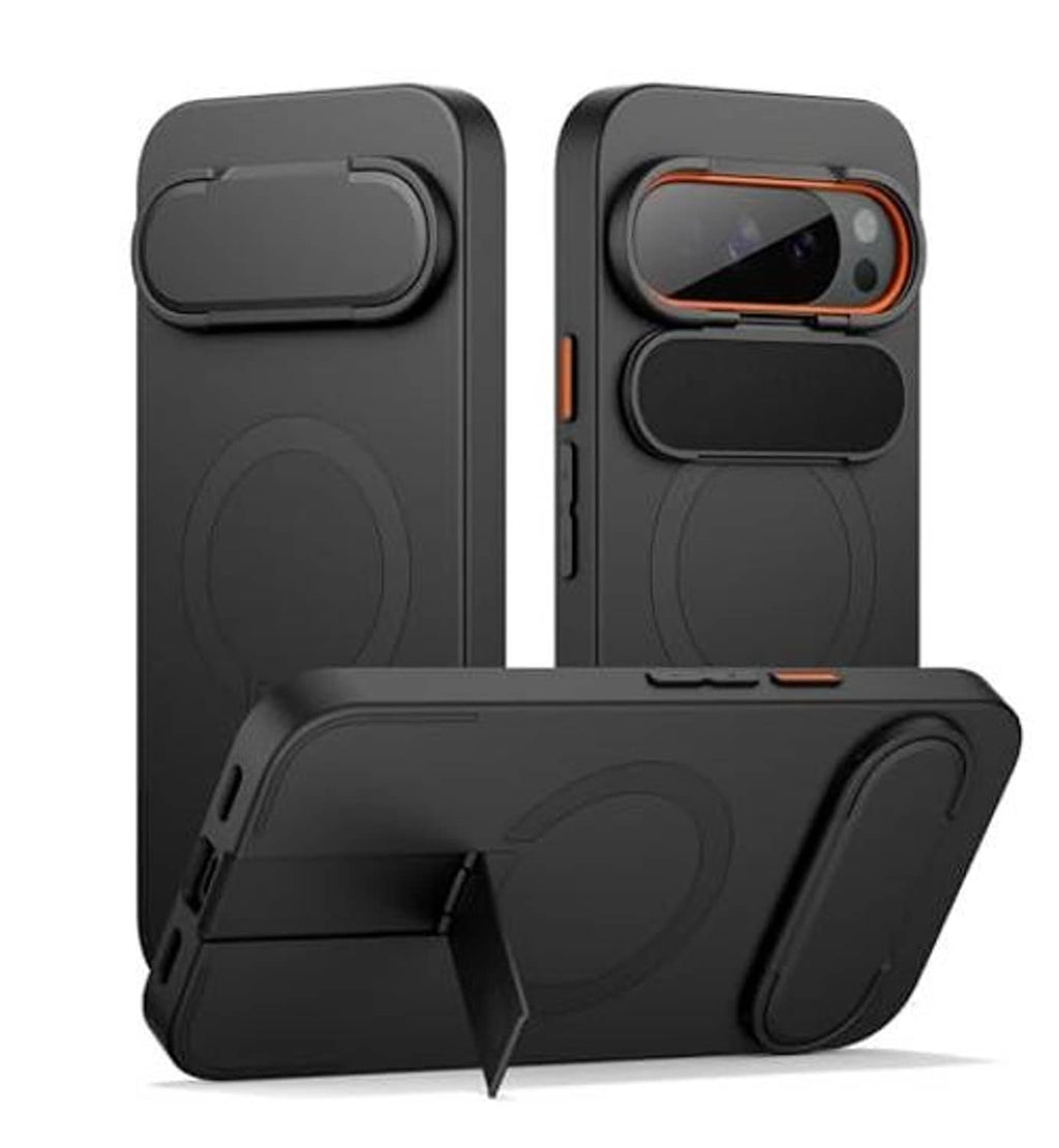 Black Pixel 10/10 Pro case with fold-out kickstand and camera cutout with orange trim