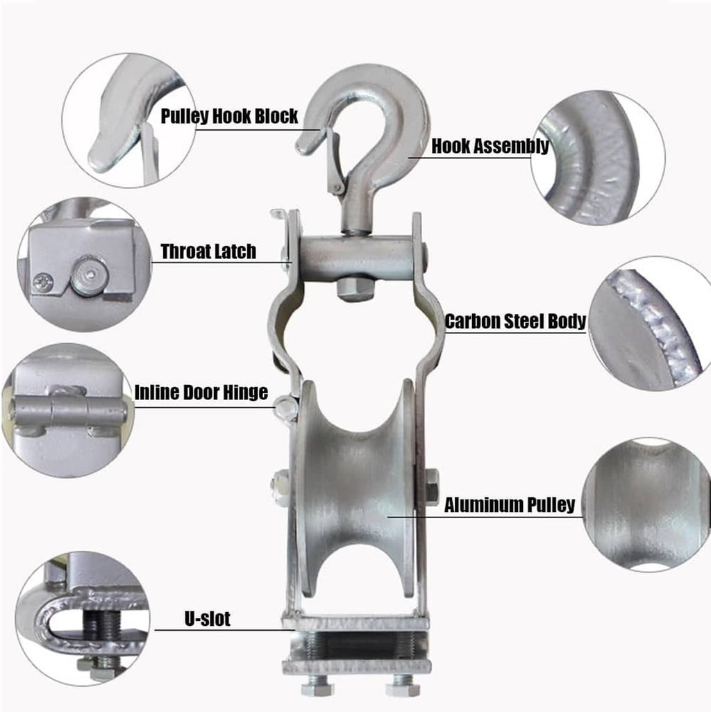 Cable pulley hook block with throat latch, U-slot base, aluminum sheave and steel body parts