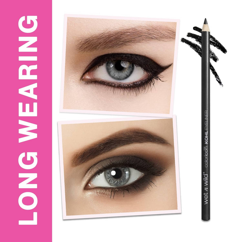 Black kohl eyeliner pencil with fine tip beside dramatic eye liner look