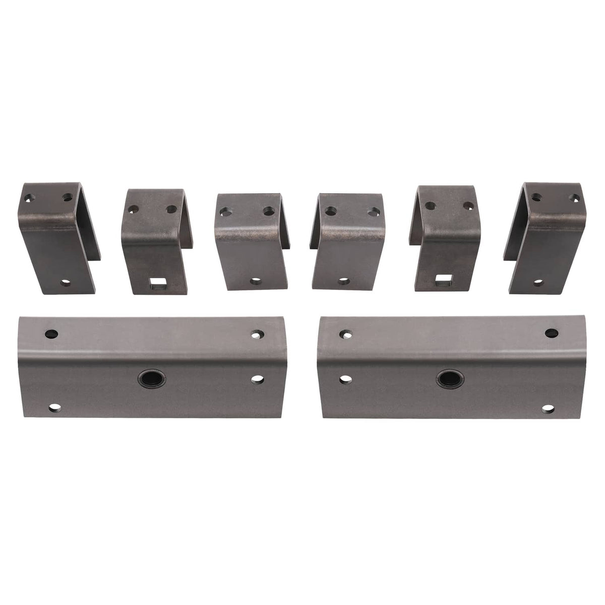 Spring hanger kit long support brackets, silver steel with mounting holes