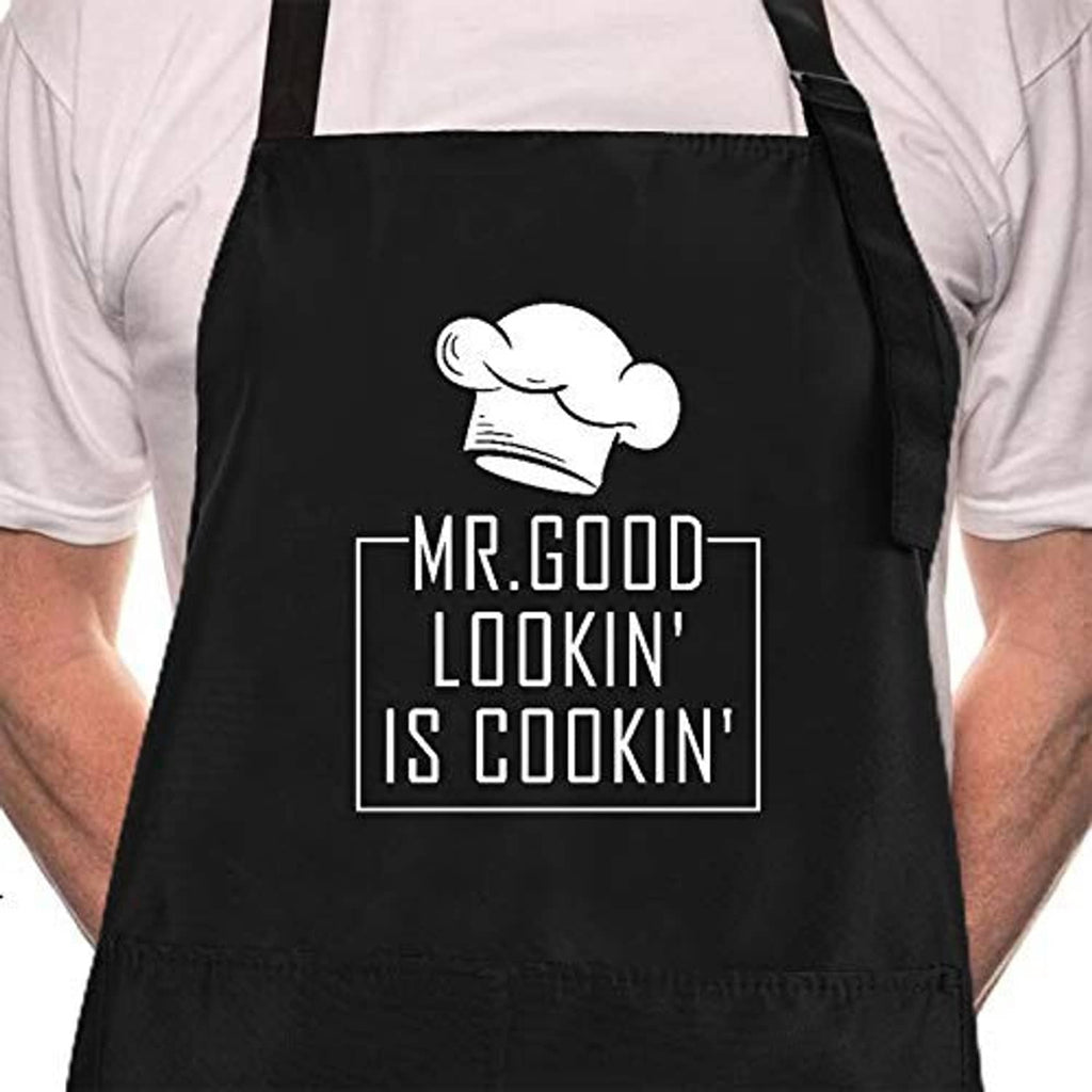 Black BBQ chef apron with large center "Mr. Good Lookin' is Cookin" logo