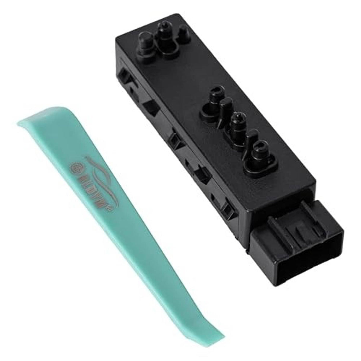 Power seat switch module angled view with black rocker buttons and mint-blue tab