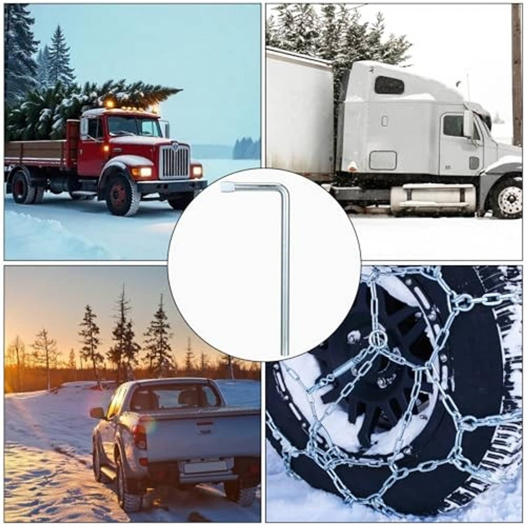 L-handle tire chain wrench shown with heavy vehicle snow chains