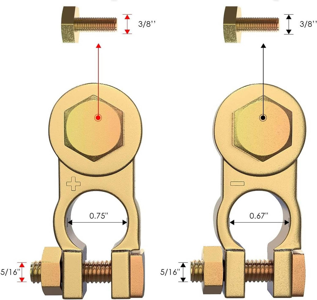 Brass battery terminal connectors with + and - markings, shown with sizing indicators