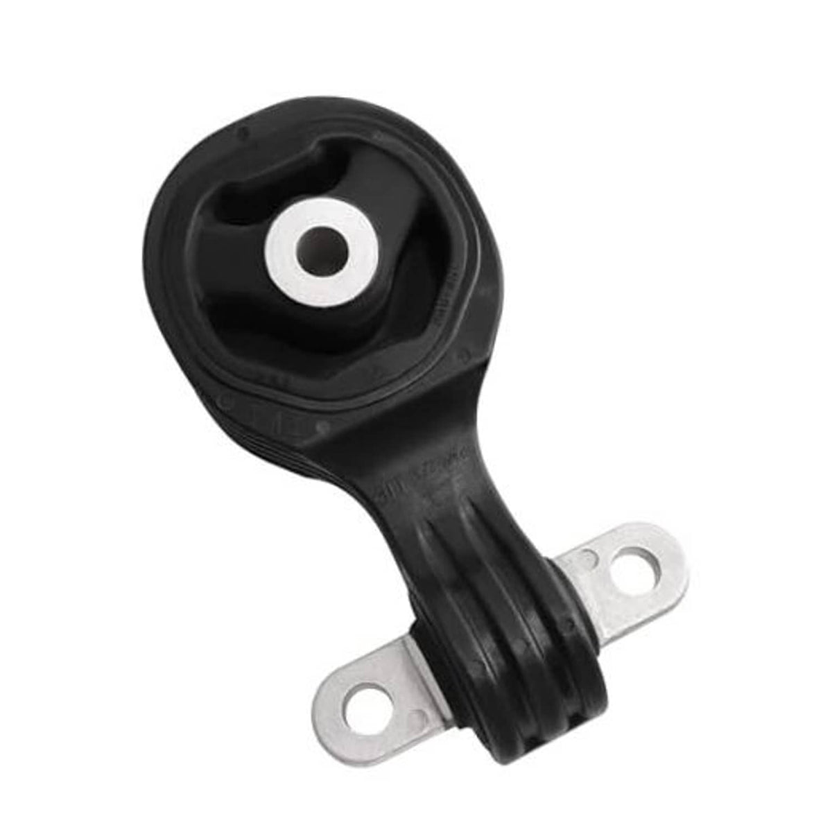 Rear lower torque strut mount with two metal brackets and black rubber bushing