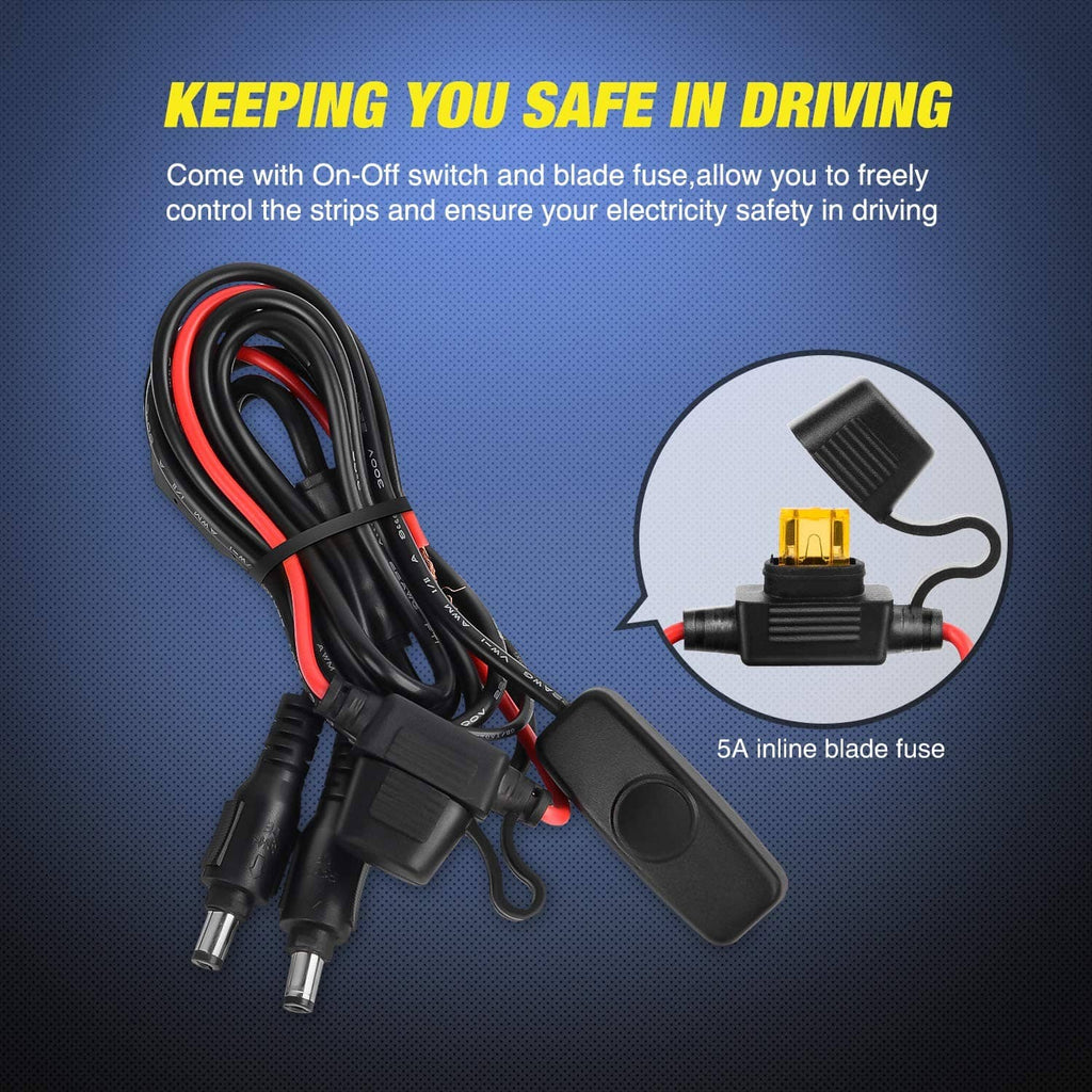 LED light strip wiring harness with on-off inline switch and 5A blade fuse.