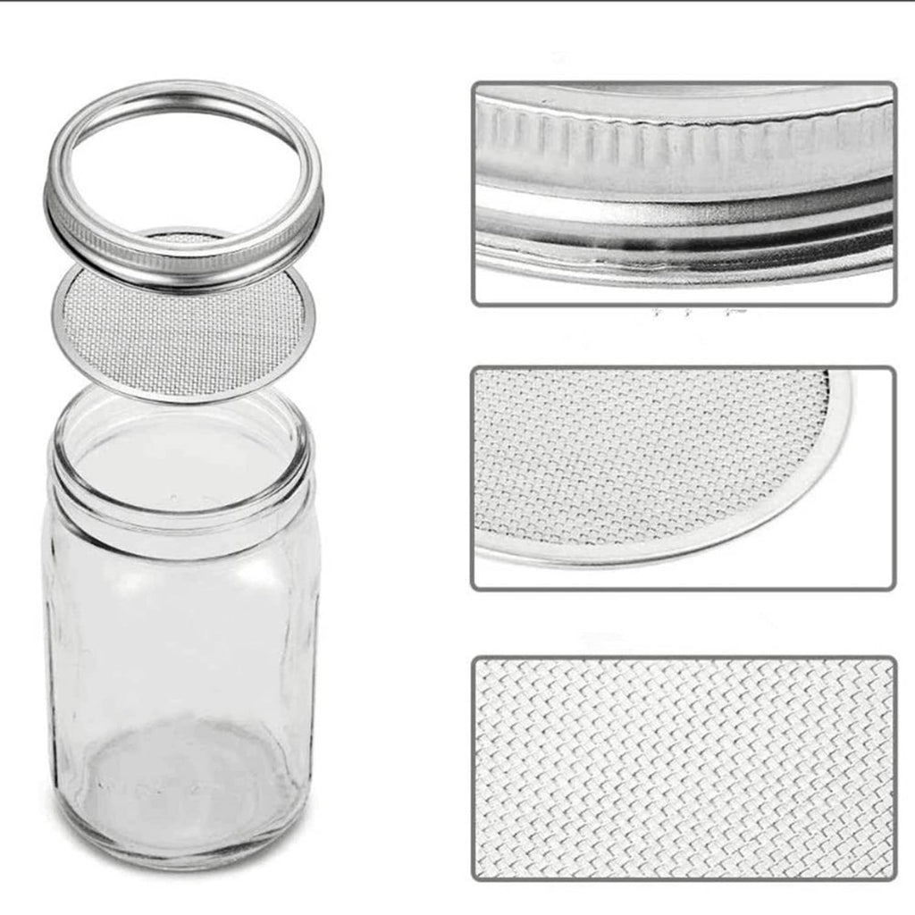 Stainless steel sprouting jar lids with fine mesh screen, close-up