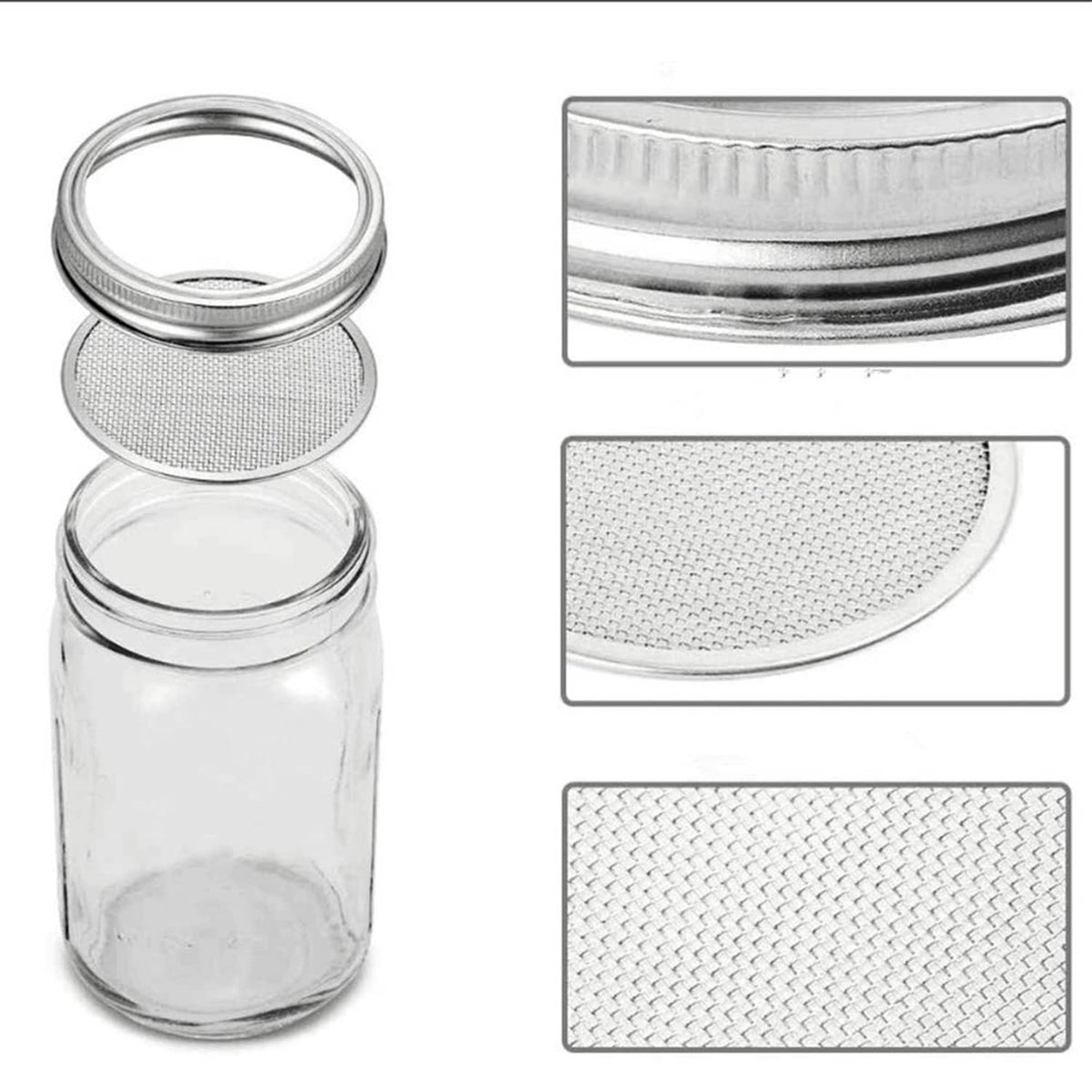 Stainless steel sprouting jar lids with fine mesh screen, close-up