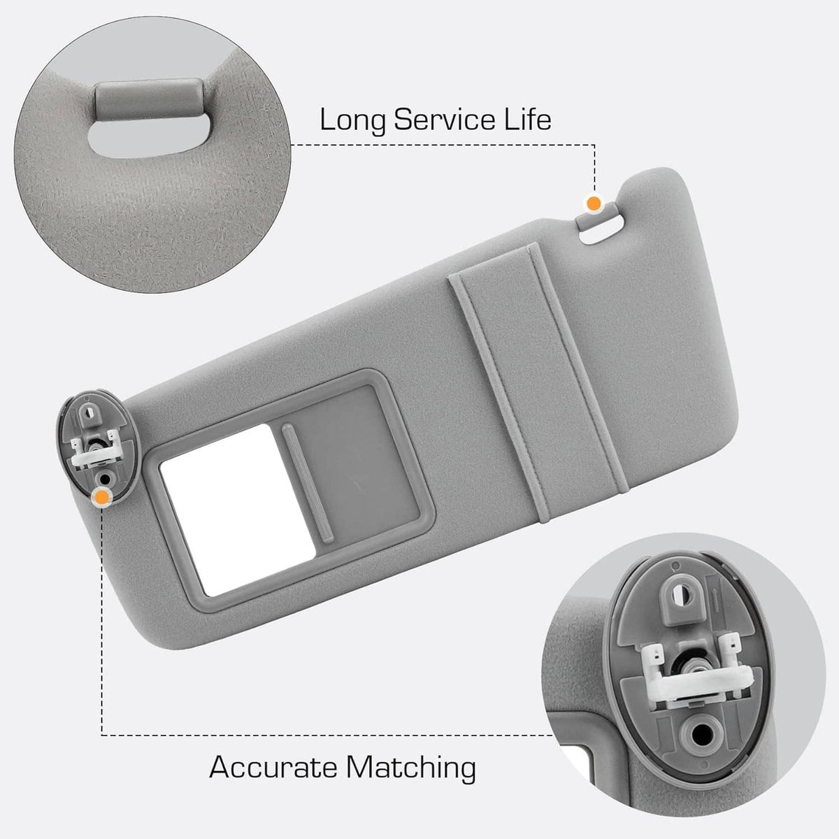 Gray sun visor with long service life design, side clip and mounting hardware detail