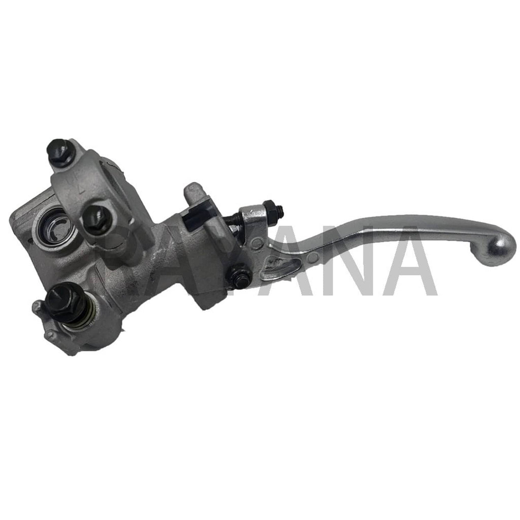 Front brake master cylinder with lever and two port fittings, gray metal housing