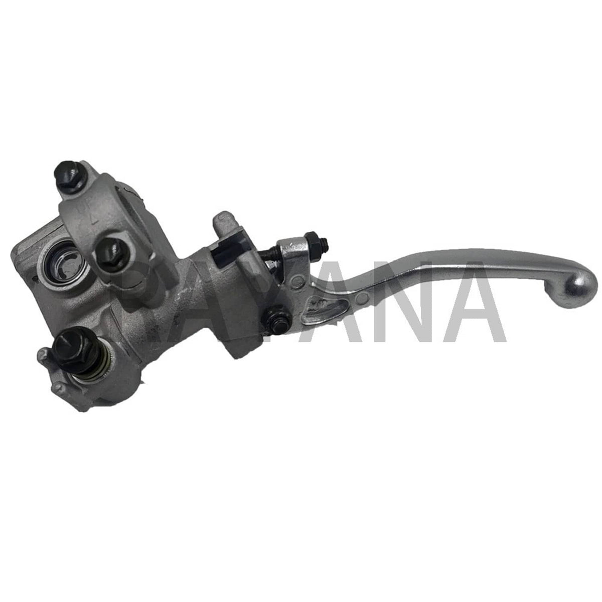 Front brake master cylinder with lever and two port fittings, gray metal housing