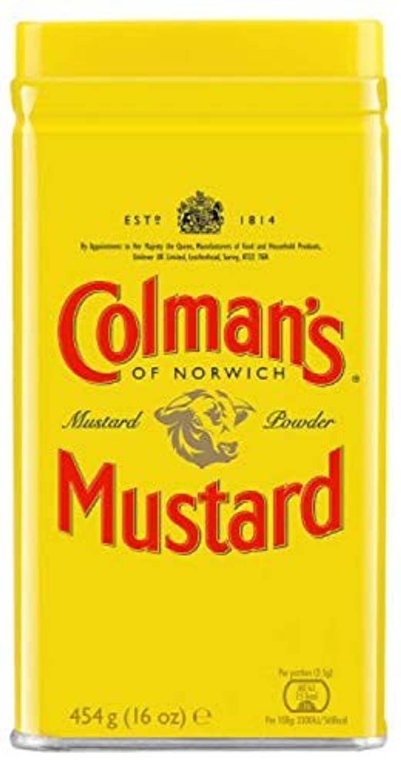 Colman's dry mustard powder tin, yellow lid and front label