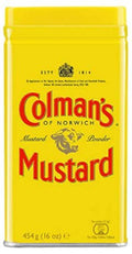 Colman's dry mustard powder tin, yellow lid and front label