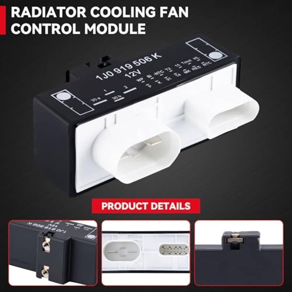 Radiator cooling fan control module with two white connector ports and relay housing